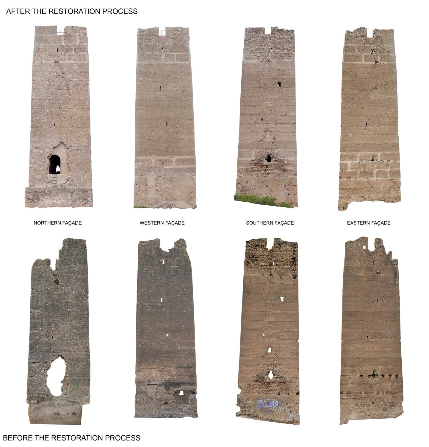 Comparison of all the façades of the tower before and after the restoration