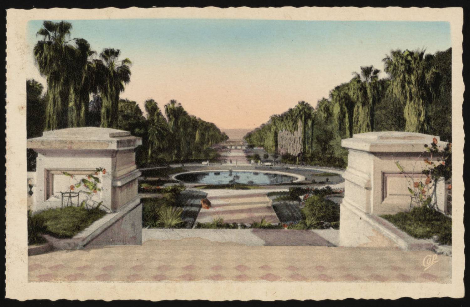 View of the botanical garden across the large fountain