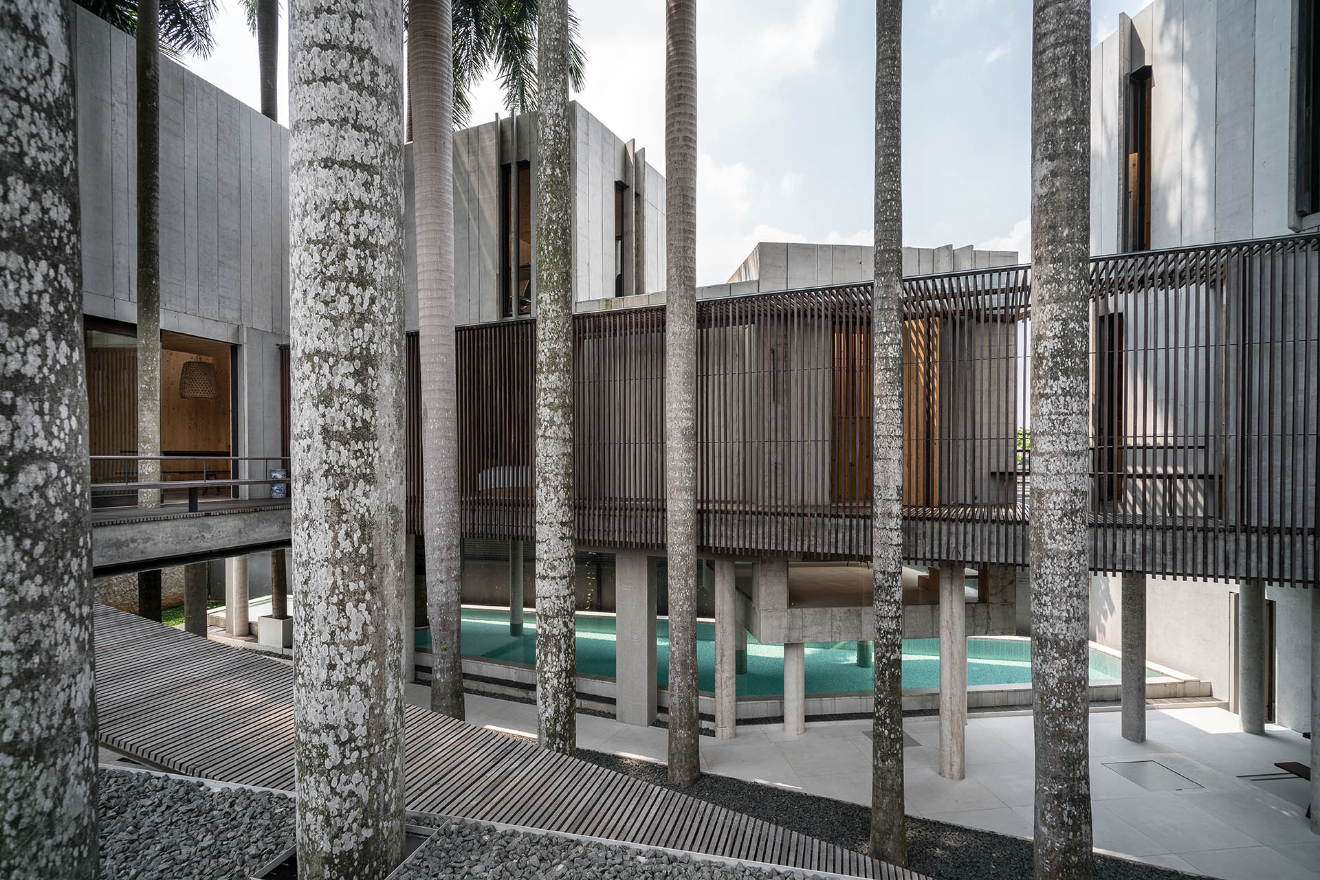 <p>Exterior view of the residence. The site’s existing palm trees were instrumental in the design of this family house and small graphic design studio. </p>