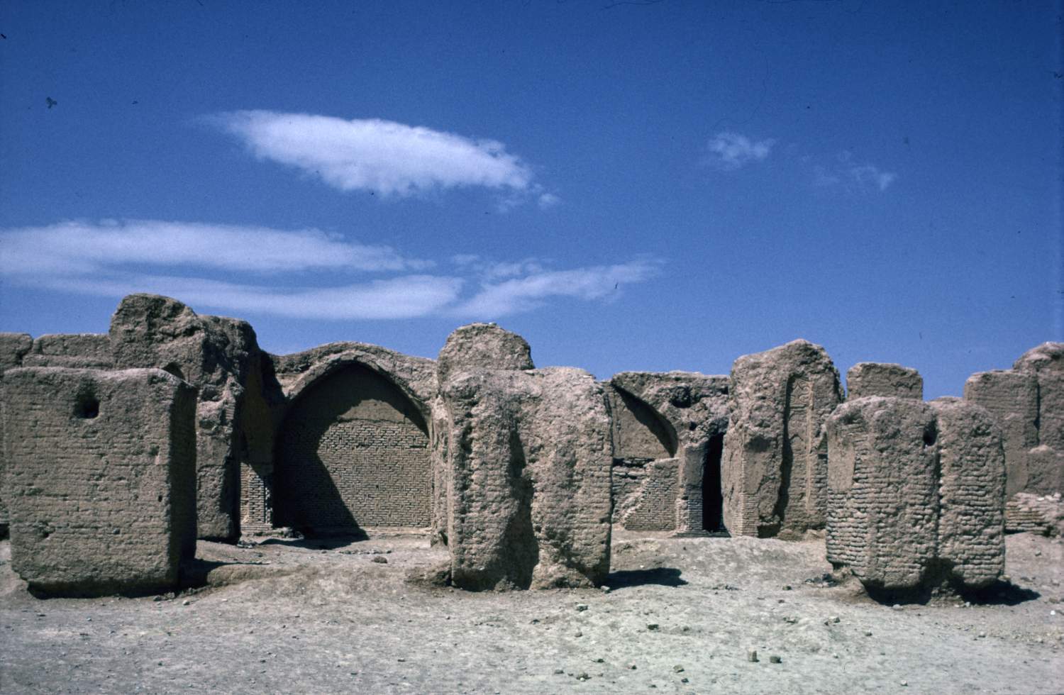 View toward southwestern enclosure wall (qibla wall) with remains of piers in foreground.