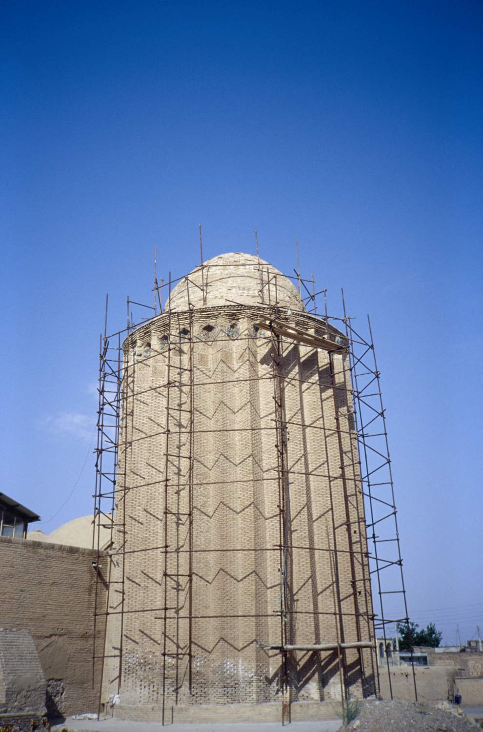 Exterior view with scaffolding.