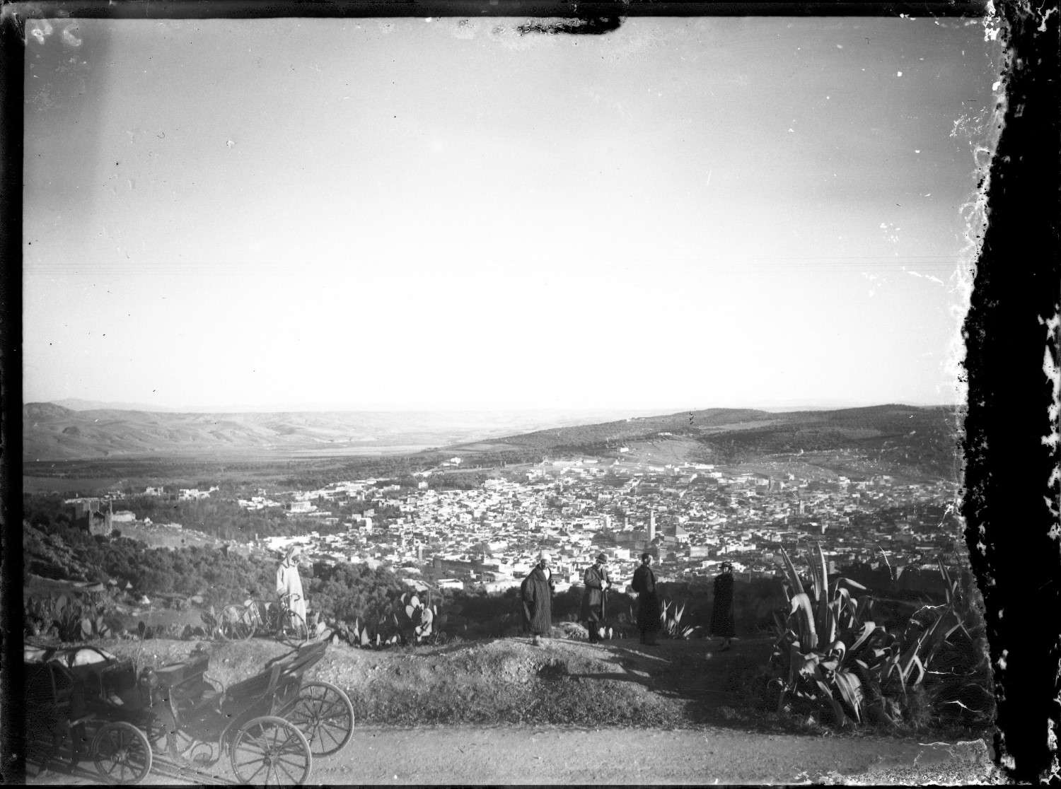 People overlooking the city of Fes, with a carriage in the lower left corner