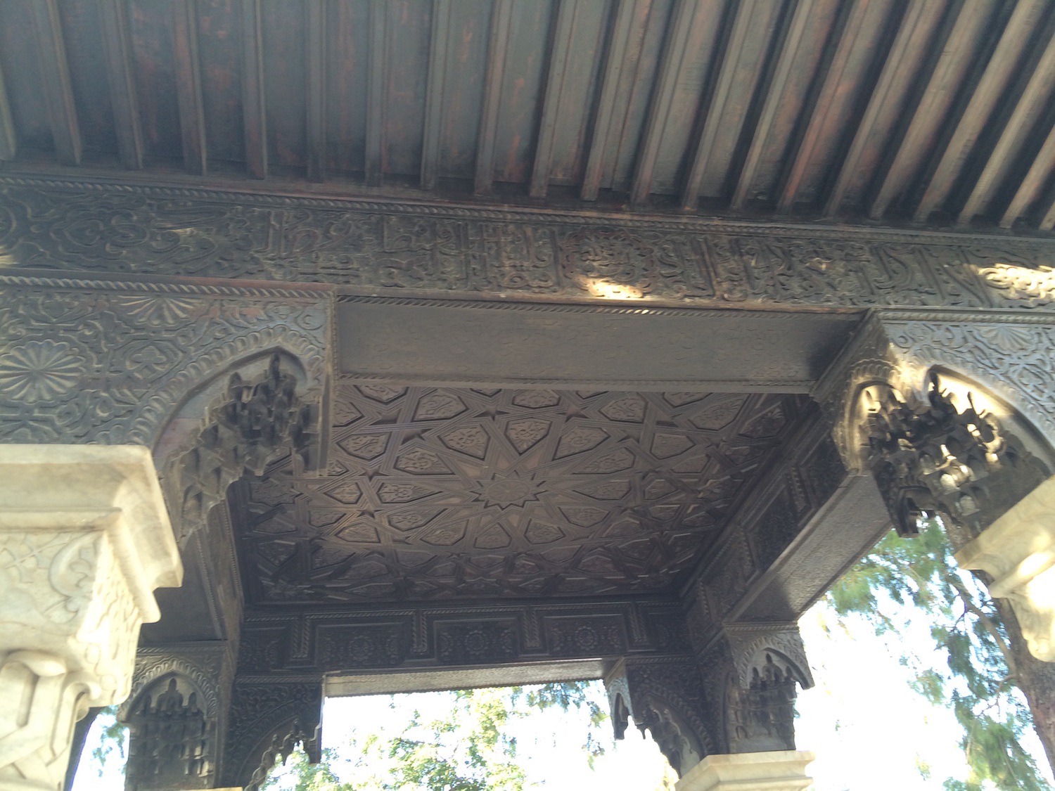 Detail view of the carved wood ceiling of the pavilion