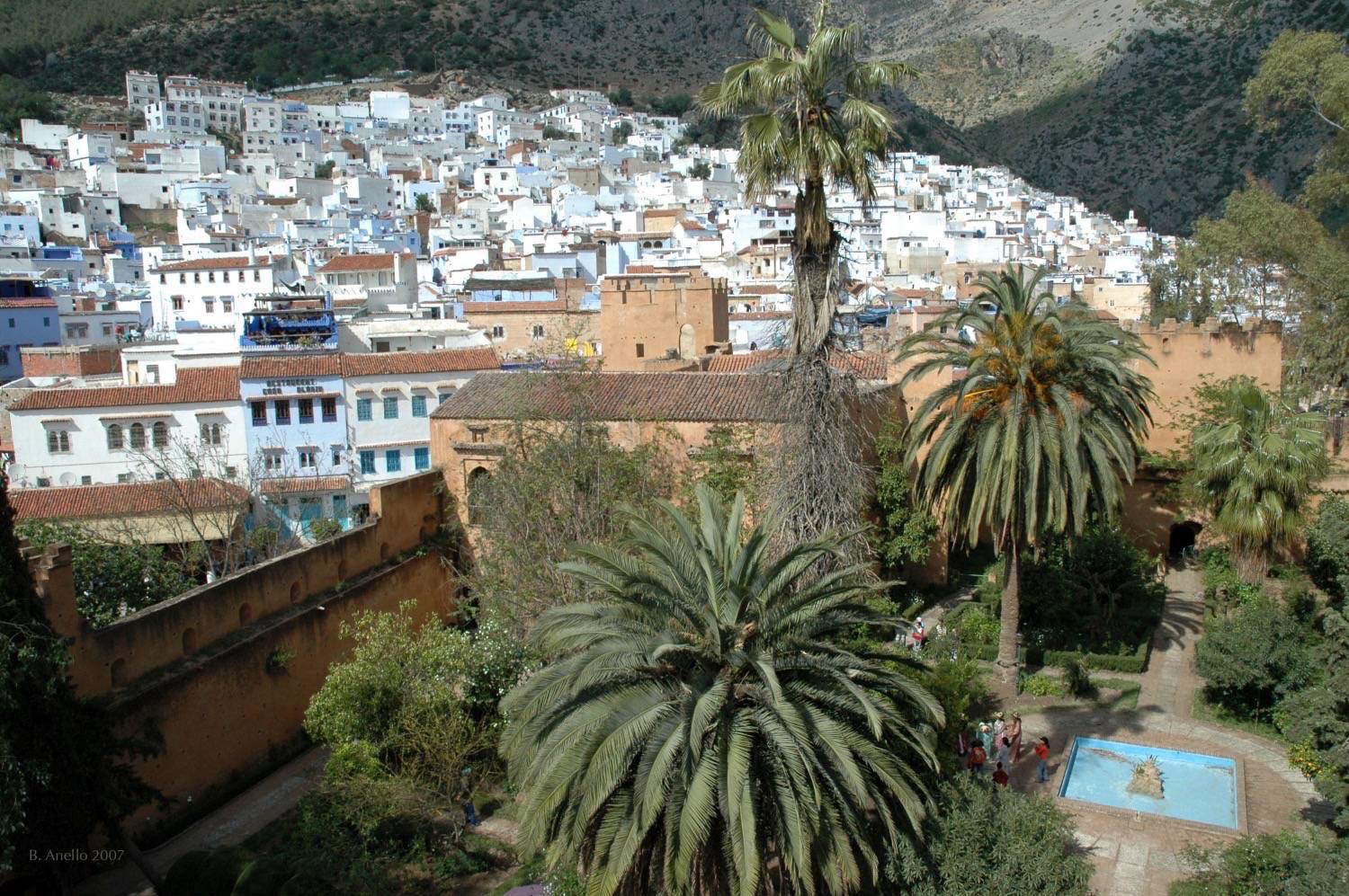 Bird's-eye view into the courtyard of the kasbah, with the city beyond