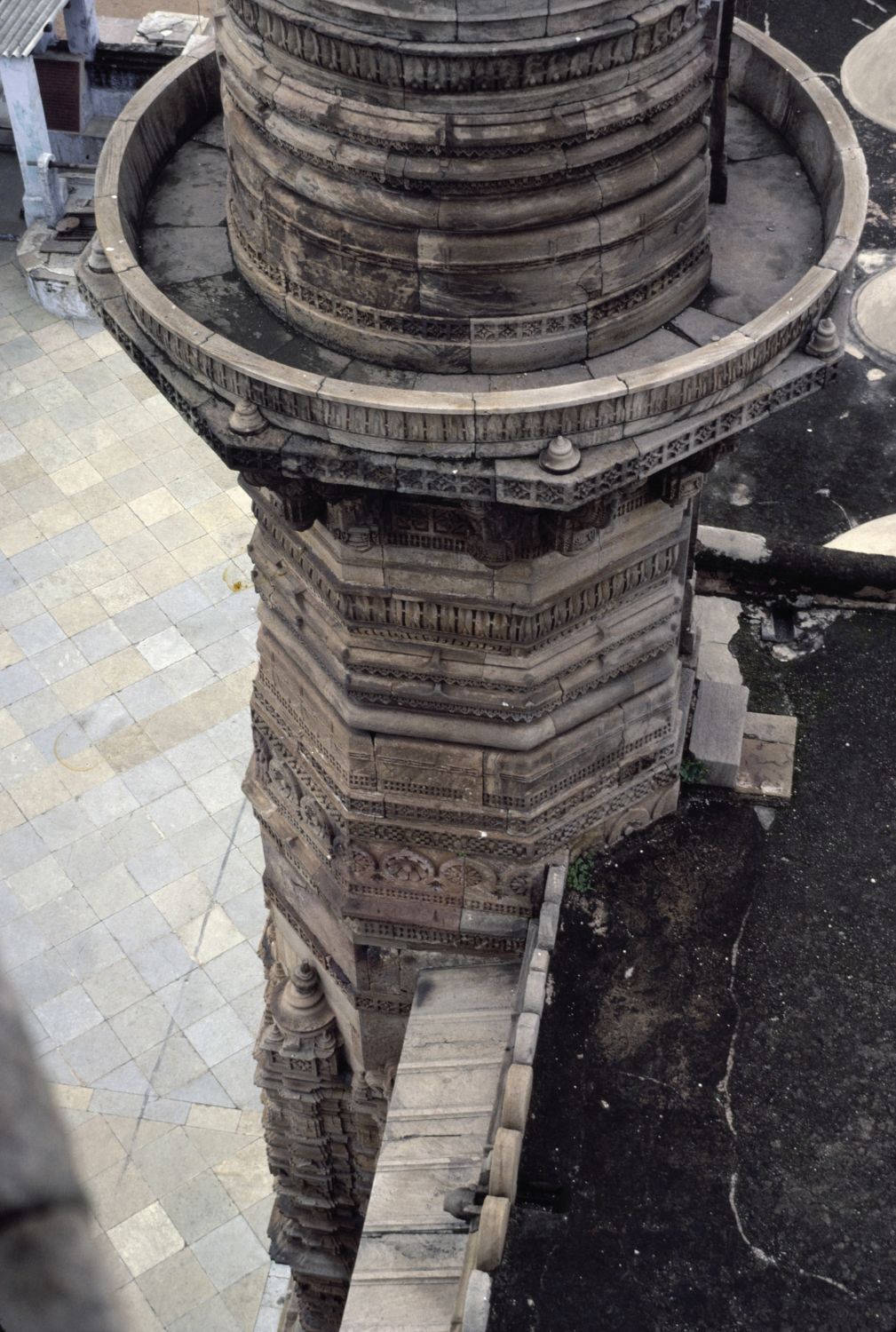 View of lower portion of a minaret from the roof.