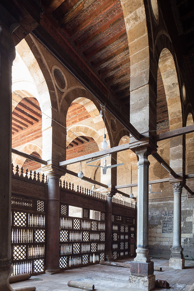 al-Maridani Mosque Restoration - The internal prayer space of the Al-Maridani Mosque in its northern section prior to conservation. Note the elaborated wooden fence separating the prayer hall and the exterior courtyard.