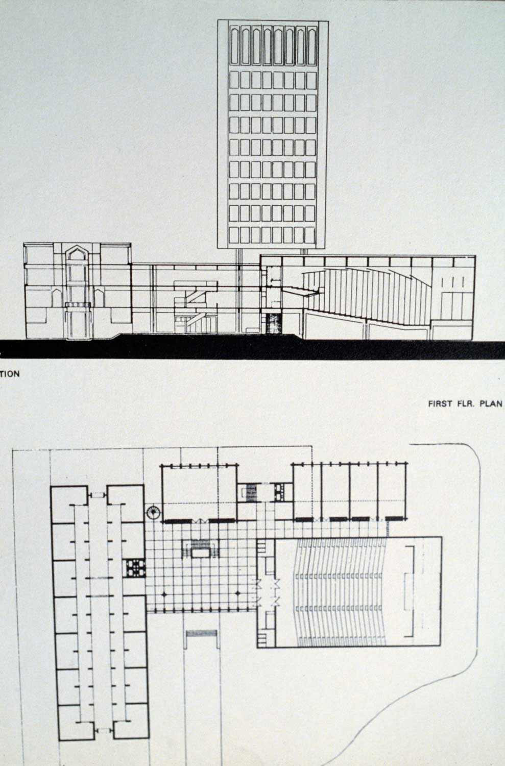 Islamic Bank - Elevation and first floor plan [drawings of one concept for the project?]