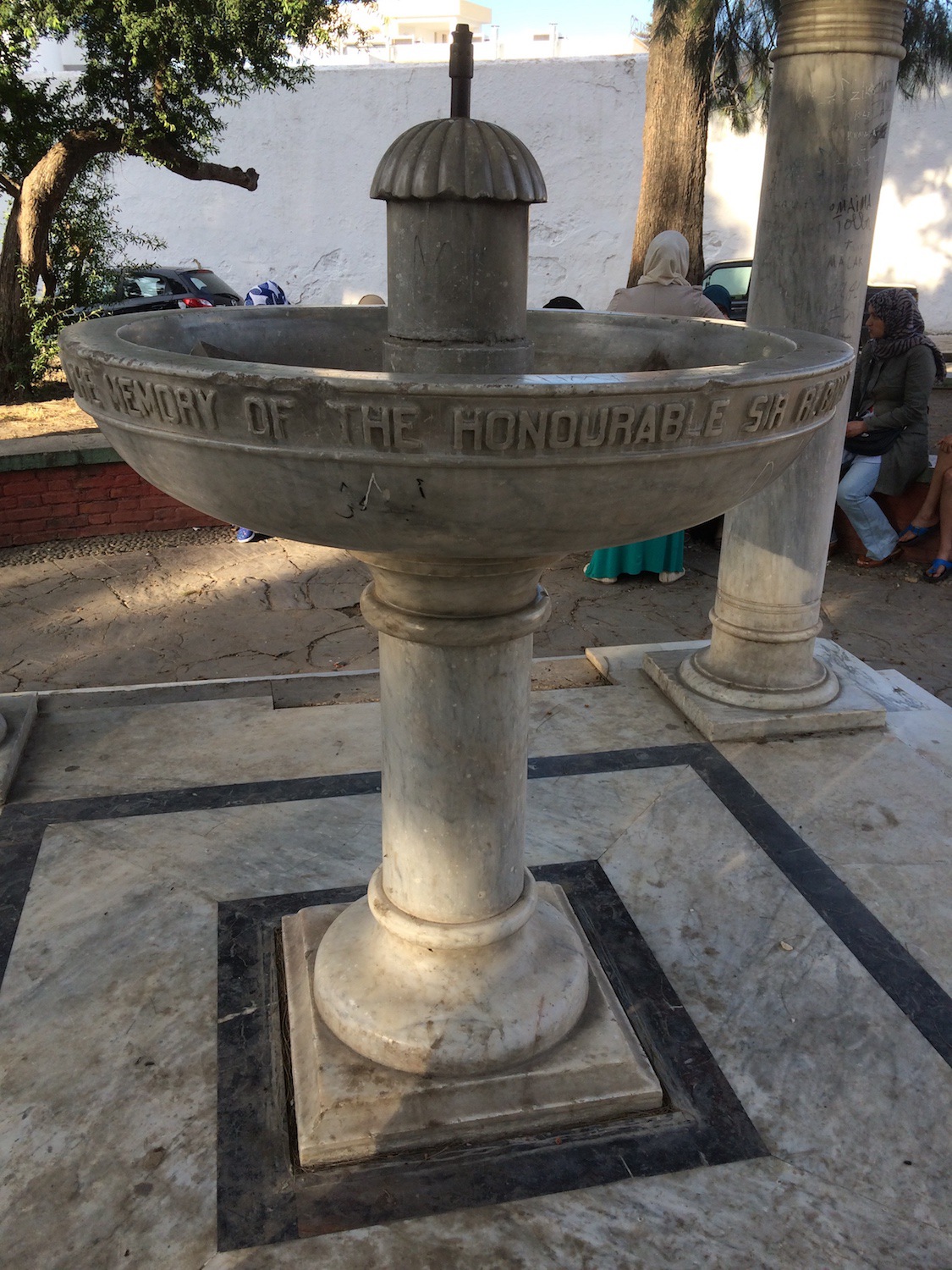 Detail view of the marble fountain with inscription