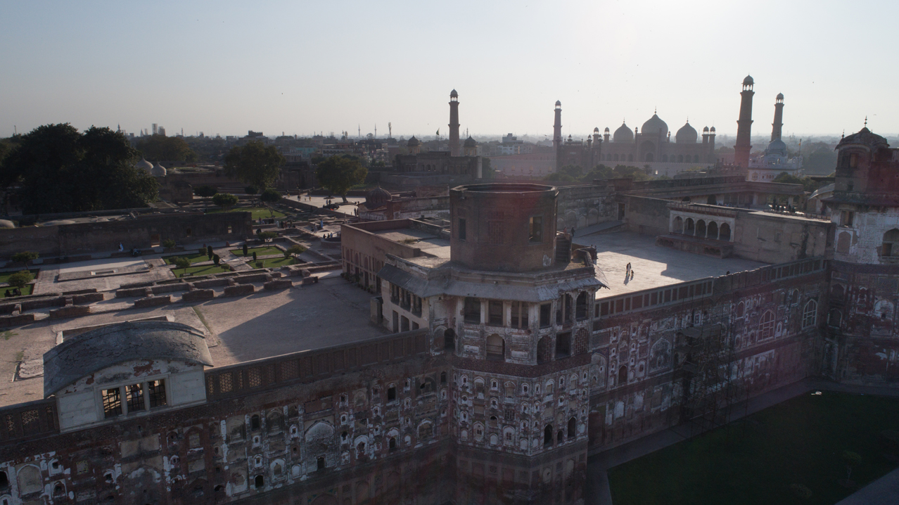 Aerial view over the Lahore Fort and Badshahi Mosque