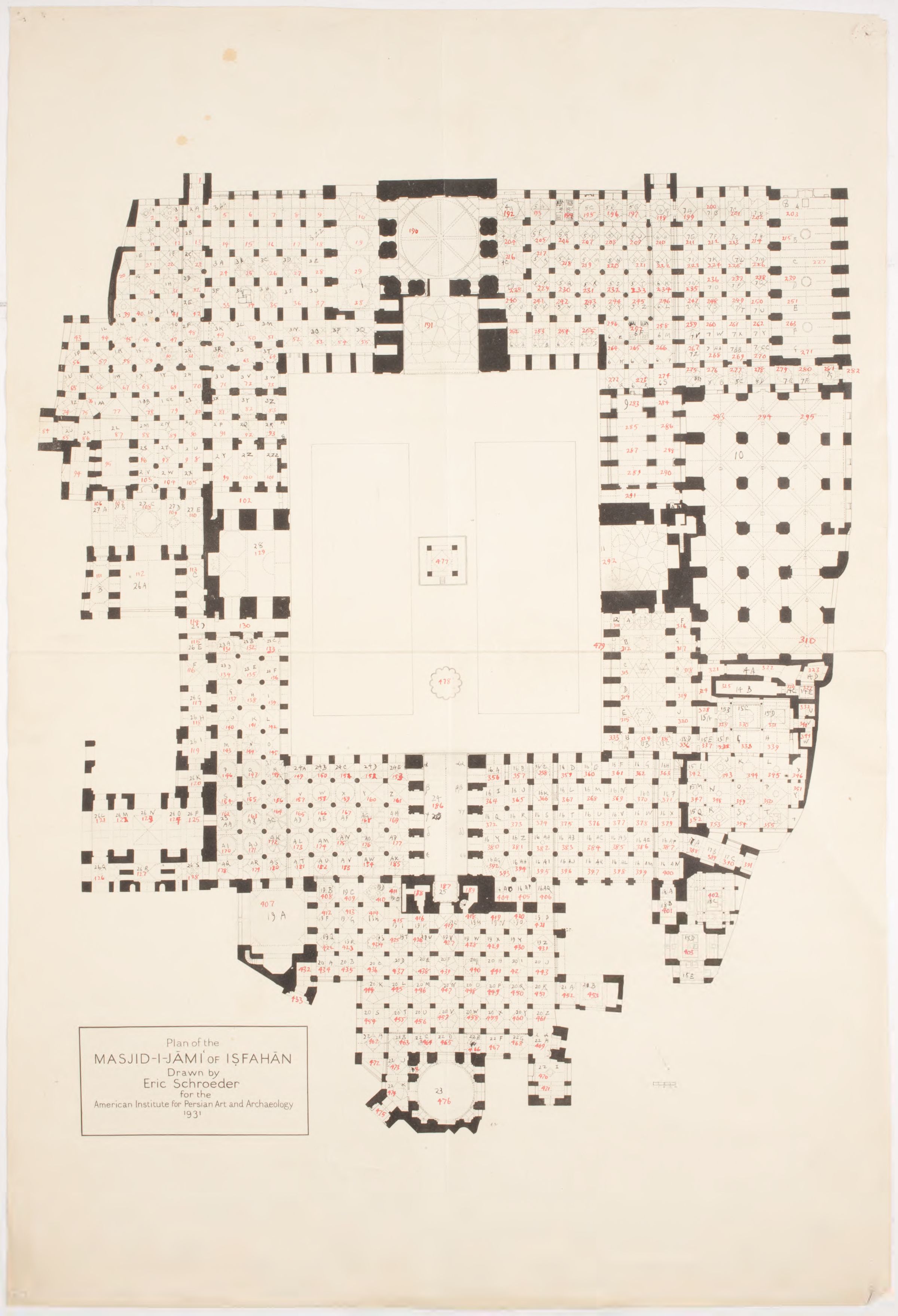 Masjid-i Jami' (Isfahan) - <p>Ground floor plan made by Eric Schroeder for Arthur Upham Pope in 1931, with bays and other covered spaces numbered.</p>