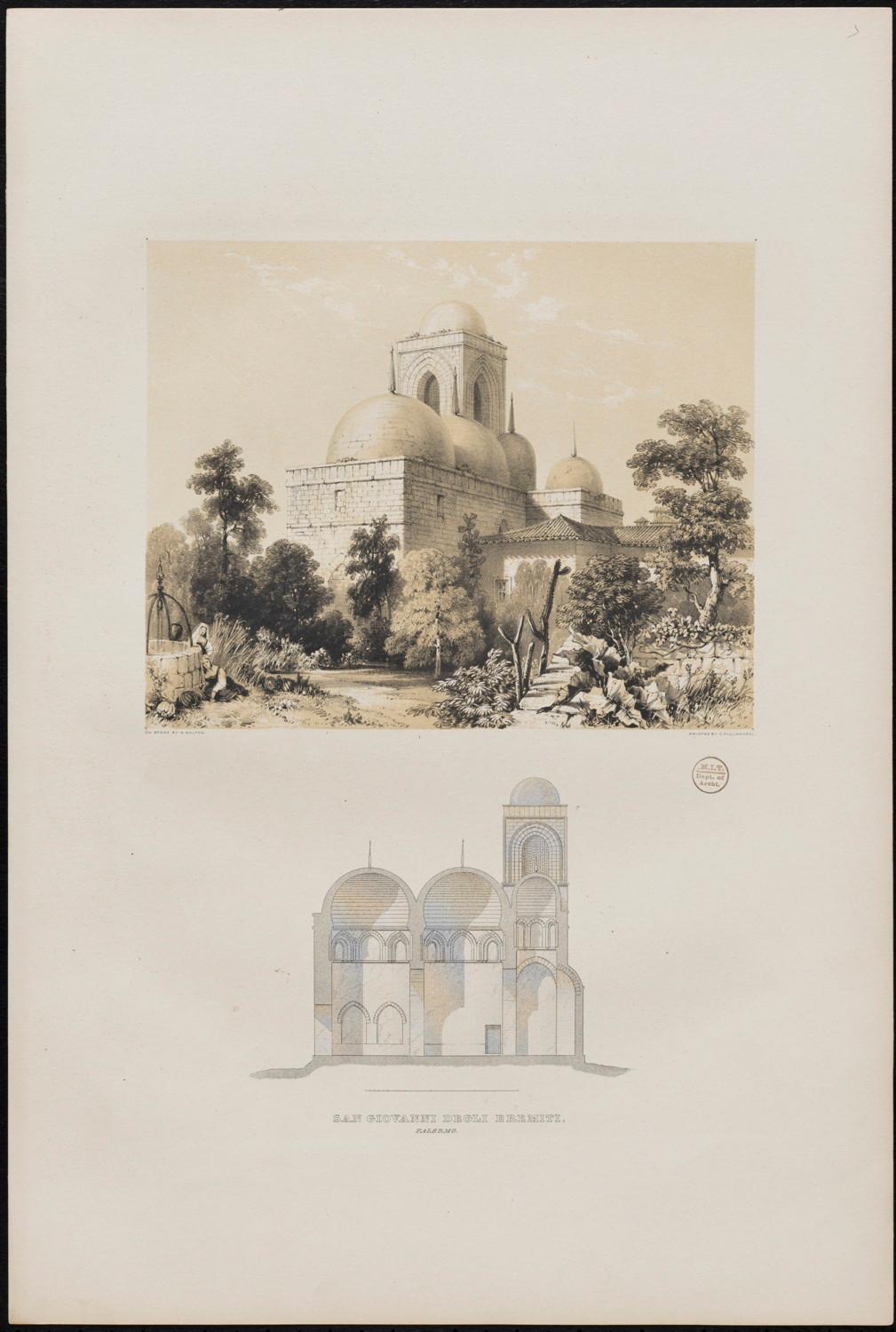 Lithograph of of exterior and section of San Giovanni degli Eremiti