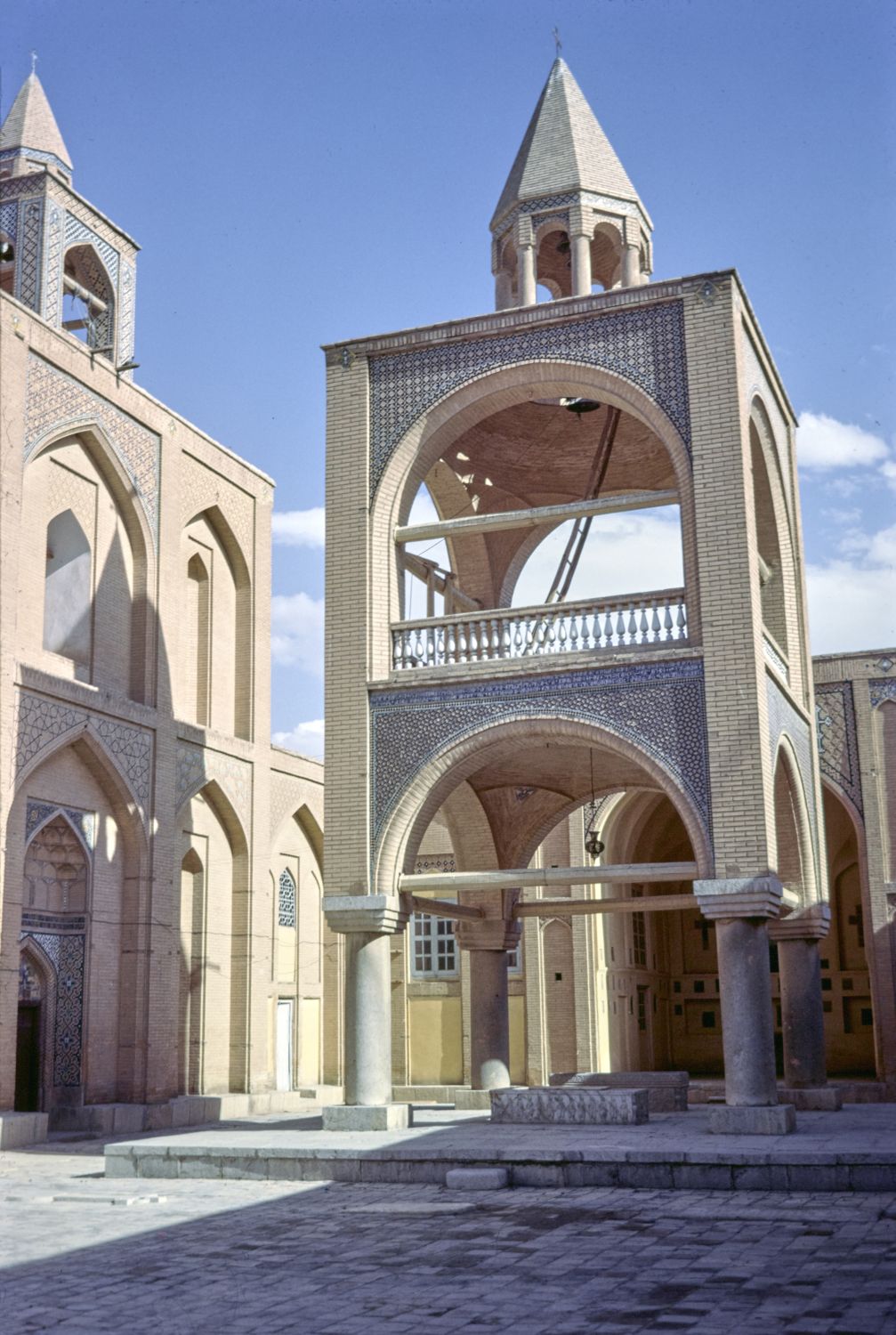 View of bell tower from courtyard.