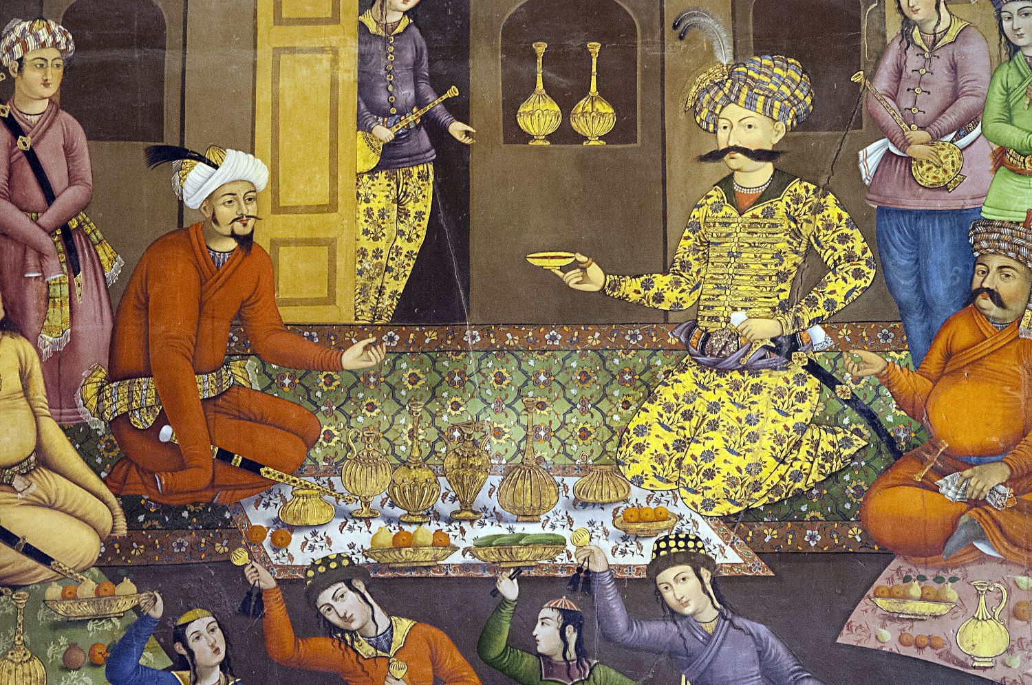 <p>Central audience hall, detail of painting on west wall of north bay. This painting depicts a reception between Shah Abbas I and Uzbek ruler Vali Muhammad Khan. This view shows the central figures, Shah Abbas and Vali Muhammad Khan.</p>