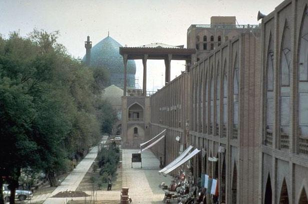 <p>View to Ali Qapu along the west side of the maidan wall, with Shah mosque beyond</p>