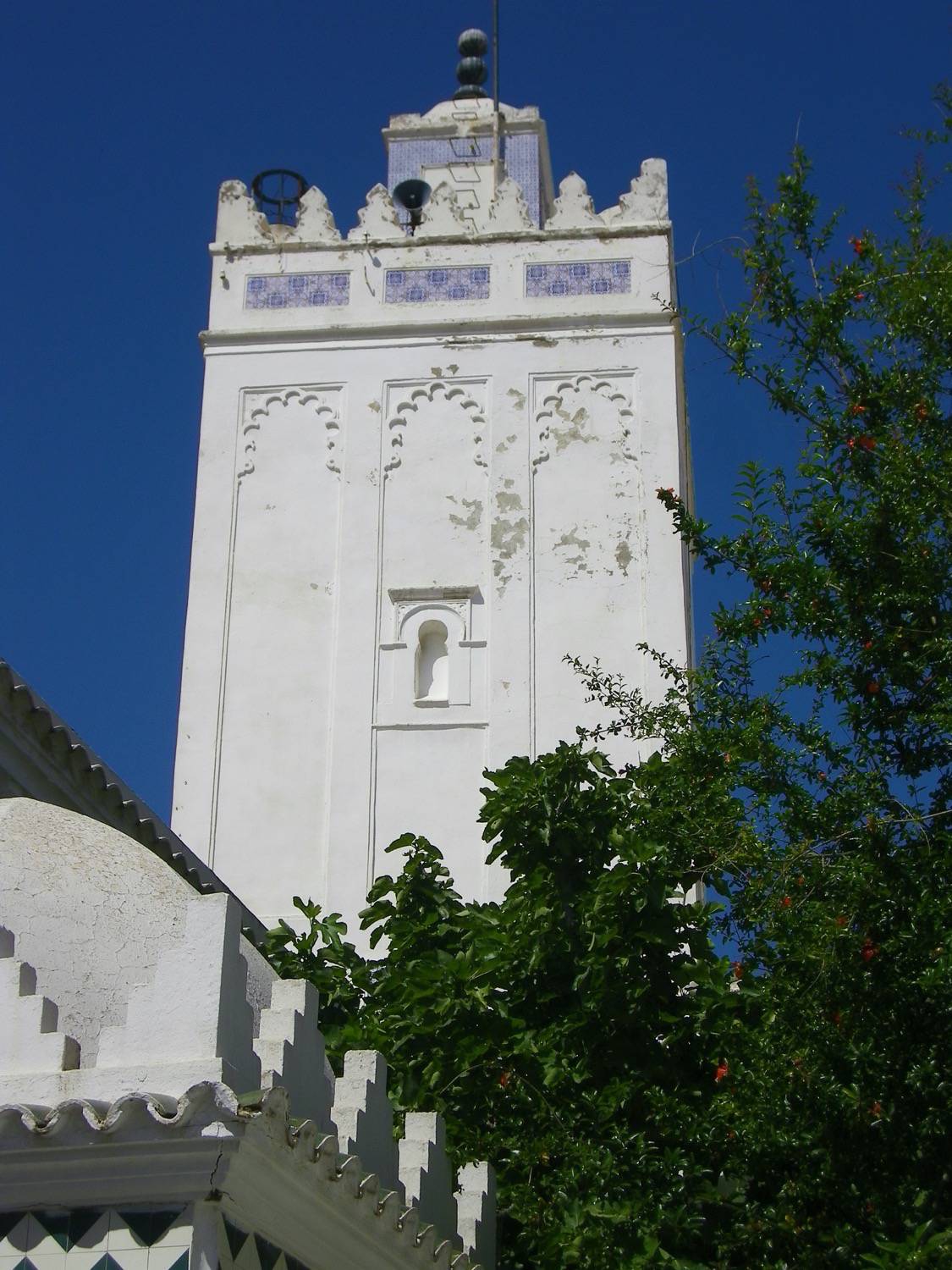 Exterior, upward view of the minaret