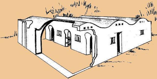Drawing : house with a Nubian vault : earth roof. New architectural feature proposed to Sahelian populationsl