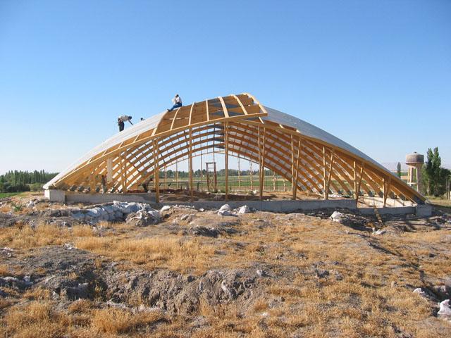 View from the south entrance of the structure while polycarbonated panels are being implemented