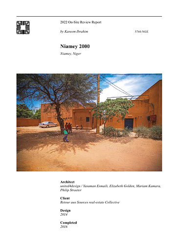Niamey 2000 - <p>The On-site Review Report, formerly called the Technical Review, is a document prepared for the Aga Khan Award for Architecture by commissioned independent reviewers who report to the Master Jury about a specific shortlisted project. The reviewers are architectural professionals specialised in various disciplines, including housing, urban planning, landscape design, and restoration. Their task is to examine, on-site, the shortlisted projects to verify project data seek. The reviewers must consider a detailed set of criteria in their written reports, and must also respond to the specific concerns and questions prepared by the Master Jury for each project. This process is intensive and exhaustive making the Aga Khan Award process entirely unique.</p>