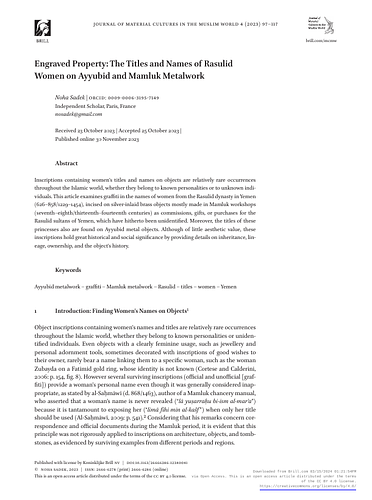Engraved Property: The Titles and Names of Rasulid Women on Ayyubid and Mamluk Metalwork