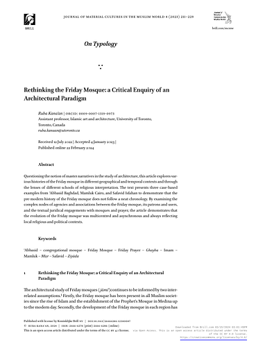 Ruba Kana'an - <p>Questioning the notion of master narratives in the study of architecture, this article explores various histories of the Friday mosque in different geographical and temporal contexts and through the lenses of different schools of religious interpretation. The text presents three case-based examples from ʿAbbasid Baghdad, Mamluk Cairo, and Safavid Isfahan to demonstrate that the pre-modern history of the Friday mosque does not follow a neat chronology. By examining the complex nodes of agencies and associations between the Friday mosque, its patrons and users, and the textual juridical engagements with mosques and prayer, the article demonstrates that the evolution of the Friday mosque was multicentred and asynchronous and always reflecting local religious and political contexts.</p>