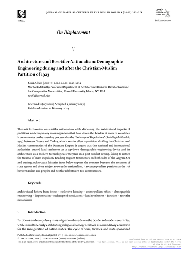 Architecture and Resettler Nationalism: Demographic Engineering during and after the Christian-Muslim Partition of 1923