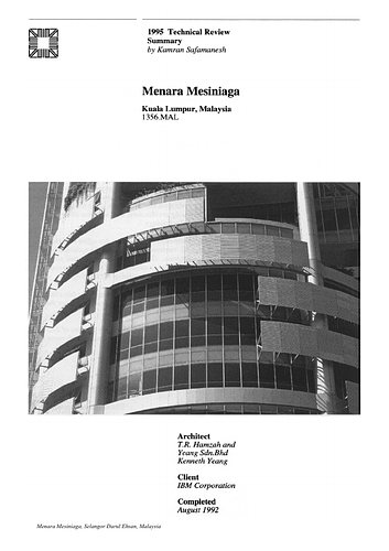 Menara Mesiniaga - The On-site Review Report, formerly called the Technical Review, is a document prepared for the Aga Khan Award for Architecture by commissioned independent reviewers who report to the Master Jury about a specific shortlisted project. The reviewers are architectural professionals specialised in various disciplines, including housing, urban planning, landscape design, and restoration. Their task is to examine, on-site, the shortlisted projects to verify project data seek. The reviewers must consider a detailed set of criteria in their written reports, and must also respond to the specific concerns and questions prepared by the Master Jury for each project. This process is intensive and exhaustive making the Aga Khan Award process entirely unique.