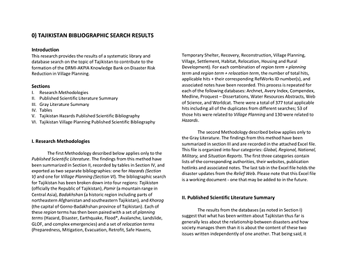 Interim summary of findings for the Tajikistan disaster research project, dated December 18, 2012.