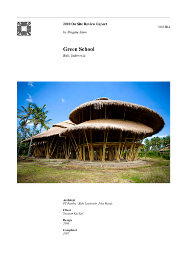 Green School - The On-site Review Report, formerly called the Technical Review, is a document prepared for the Aga Khan Award for Architecture by commissioned independent reviewers who report to the Master Jury about a specific shortlisted project. The reviewers are architectural professionals specialised in various disciplines, including housing, urban planning, landscape design, and restoration. Their task is to examine, on-site, the shortlisted projects to verify project data seek. The reviewers must consider a detailed set of criteria in their written reports, and must also respond to the specific concerns and questions prepared by the Master Jury for each project. This process is intensive and exhaustive making the Aga Khan Award process entirely unique.