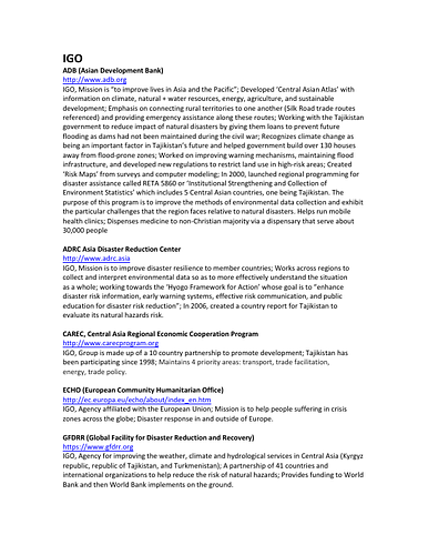 Interim summary of gray literature sources for the Tajikistan disaster research project, dated January 16, 2013