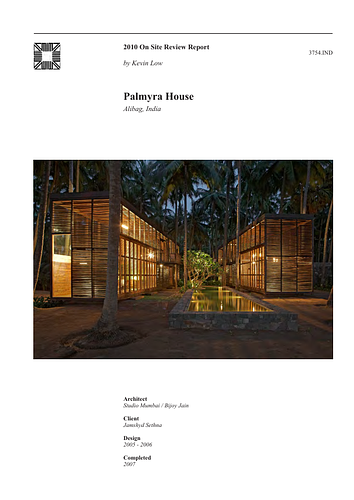 Palmyra House - The On-site Review Report, formerly called the Technical Review, is a document prepared for the Aga Khan Award for Architecture by commissioned independent reviewers who report to the Master Jury about a specific shortlisted project. The reviewers are architectural professionals specialised in various disciplines, including housing, urban planning, landscape design, and restoration. Their task is to examine, on-site, the shortlisted projects to verify project data seek. The reviewers must consider a detailed set of criteria in their written reports, and must also respond to the specific concerns and questions prepared by the Master Jury for each project. This process is intensive and exhaustive making the Aga Khan Award process entirely unique.