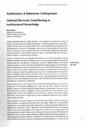Essay in the publication Architectural Knowledge and Cultural Diversity, proceedings from the 5th Colloquium on Architecture and Behavior held between April 6-8, 1998, in Ascona, Switzerland.