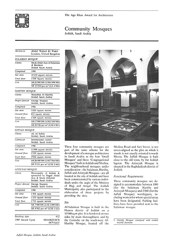 Juffali Mosque - A project summary is a brief description of the project compiled by an editor at the Aga Khan Award for Architecture extracting information from the architect's record, client's record, presentation panels, and nominators statement.