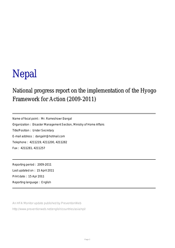 UNISDR: Nepal: National progress report on the implementation of the Hyogo Framework for Action (2009-2011)