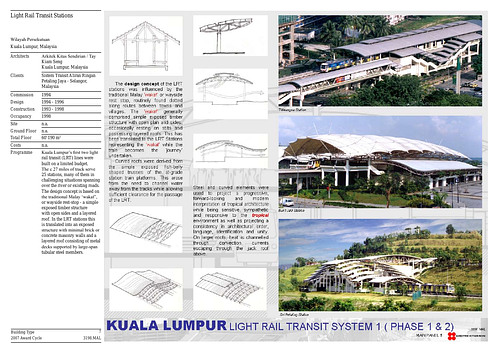 Light Rail Transit Stations - Presentation panels are drawings, images, and text graphically prepared by the architect and submitted to the Aga Khan Award for Architecture during the later round of the Award cycle. The portfolios are kept in the Aga Khan Trust for Culture Library for consultation purposes.