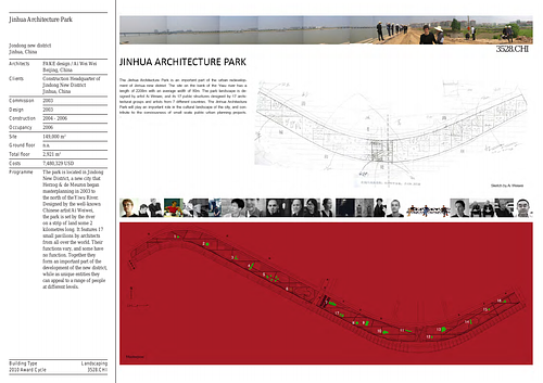 Jinhua Architecture Park - Presentation panels are drawings, images, and text graphically prepared by the architect and submitted to the Aga Khan Award for Architecture during the later round of the Award cycle. The portfolios are kept in the Aga Khan Trust for Culture Library for consultation purposes.