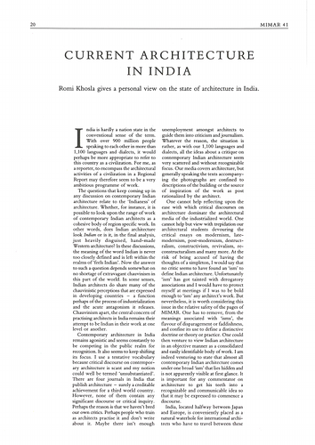 Romi Khosla - An article in Mimar: Architecture in Development, an  international architecture magazine focusing on architecture in the developing world and related issues of concern.