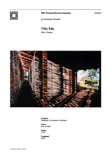 Villa Eila - The On-site Review Report, formerly called the Technical Review, is a document prepared for the Aga Khan Award for Architecture by commissioned independent reviewers who report to the Master Jury about a specific shortlisted project. The reviewers are architectural professionals specialised in various disciplines, including housing, urban planning, landscape design, and restoration. Their task is to examine, on-site, the shortlisted projects to verify project data seek. The reviewers must consider a detailed set of criteria in their written reports, and must also respond to the specific concerns and questions prepared by the Master Jury for each project. This process is intensive and exhaustive making the Aga Khan Award process entirely unique.