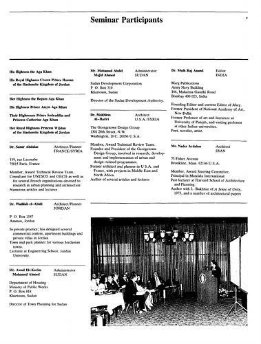 Seminar participants list to Places of Public Gathering in Islam, proceedings of Seminar Five in the series Architectural Transformations in the Islamic World. Held in Amman, Jordan, May 4-7, 1980.