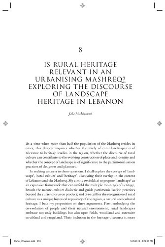 Jala Makhzoumi - The phenomenal growth of cities in the Middle East has come to undermine the incredibly diverse rural heritage in this region. Discussing the rural heritage in a Lebanese village, this paper argues for expanding our conceptualizing of cultural heritage beyond the built and tangible to include ‘landscape’ and intangible associated values.&nbsp;<div><br></div><div><span style="font-weight: bold;">Source:</span> Jala Makhzoumi</div>