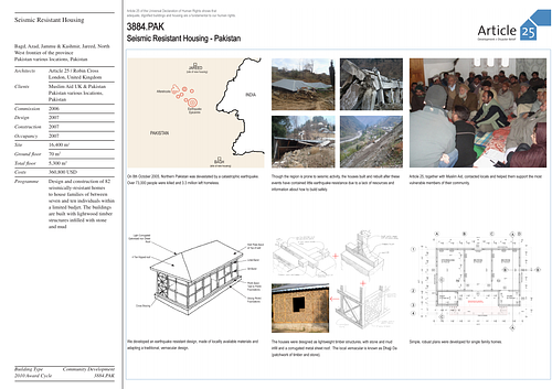 Seismic Resistant Housing - Presentation panels are drawings, images, and text graphically prepared by the architect and submitted to the Aga Khan Award for Architecture during the later round of the Award cycle. The portfolios are kept in the Aga Khan Trust for Culture Library for consultation purposes.