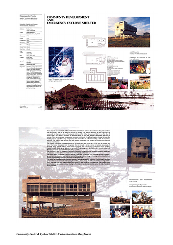 Community Center and Cyclone Shelter - Presentation panels are drawings, images, and text graphically prepared by the architect and submitted to the Aga Khan Award for Architecture during the later round of the Award cycle. The portfolios are kept in the Aga Khan Trust for Culture Library for consultation purposes.