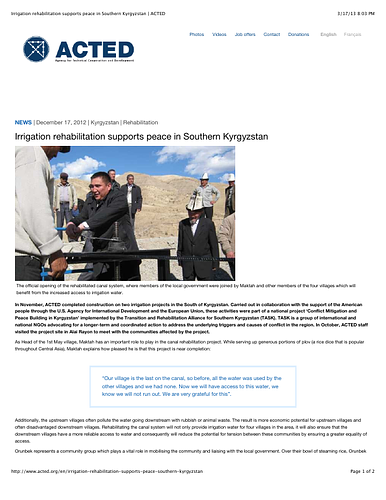 ACTED: Irrigation rehabilitation supports peace in Southern Kyrgyzstan