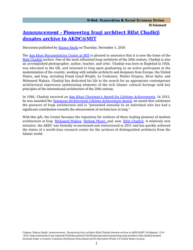 Press Release: Rifat Chadirji Architecture Archive to AKDC