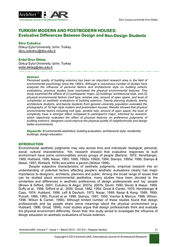 Perceived quality of building exteriors has been an important research area in the field of environmental psychology since the 1960’s. Although a voluminous number of studies have analyzed the influence of personal factors and architectural style on building exterior evaluations, previous studies have overlooked the physical environmental features. This study examined the effects of (1) participants’ major, (2) buildings’ architectural style, and (3) physical environmental factors (roof type, window size, amount of open space, and level of complexity) on aesthetic evaluations of building exteriors. Twenty planning students, twenty architecture students, and twenty students from general university population evaluated the photographs of 18 high style modern and postmodern houses. Results showed that physical environmental factors including roof type, window size, amount of open space, the level of complexity have a stronger effect compared to participant’s major. Informed by research, which objectively evaluates the effect of physical features on preference judgments of building exteriors, designers could improve the physical quality of neighborhoods and design better environments.
