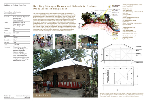 Buildings in Cyclone Prone Area - Presentation panels are drawings, images, and text graphically prepared by the architect and submitted to the Aga Khan Award for Architecture during the later round of the Award cycle. The portfolios are kept in the Aga Khan Trust for Culture Library for consultation purposes.