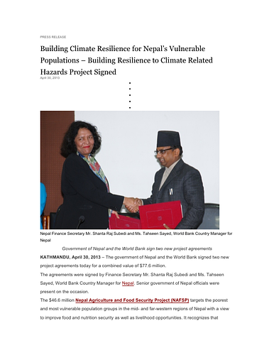 Press release announcing 2 new joint projects between the government of Nepal and the World Bank: the Nepal Agriculture and Food Security Project (NAFSP) and the Building Resilience to Climate-Related Hazards (BRCH).