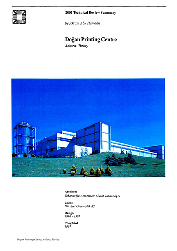 Dogan Printing Center - The On-site Review Report, formerly called the Technical Review, is a document prepared for the Aga Khan Award for Architecture by commissioned independent reviewers who report to the Master Jury about a specific shortlisted project. The reviewers are architectural professionals specialised in various disciplines, including housing, urban planning, landscape design, and restoration. Their task is to examine, on-site, the shortlisted projects to verify project data seek. The reviewers must consider a detailed set of criteria in their written reports, and must also respond to the specific concerns and questions prepared by the Master Jury for each project. This process is intensive and exhaustive making the Aga Khan Award process entirely unique.