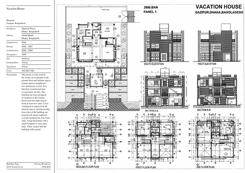 Vacation House - Presentation panels are drawings, images, and text graphically prepared by the architect and submitted to the Aga Khan Award for Architecture during the later round of the Award cycle. The portfolios are kept in the Aga Khan Trust for Culture Library for consultation purposes.
