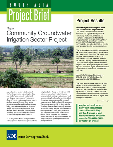 "This brief gives an overview of a project that increased agricultural productivity and improved incomes of small farmers through participatory, demand-driven, and integrated group shallow tubewell development."