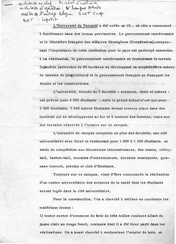 Federal University of the Cameroon - Short typewritten report outlining the program for the University and future plans.<div><br></div><div><span style="font-weight: bold;">Source</span>: Aga Khan Trust for Culture</div>